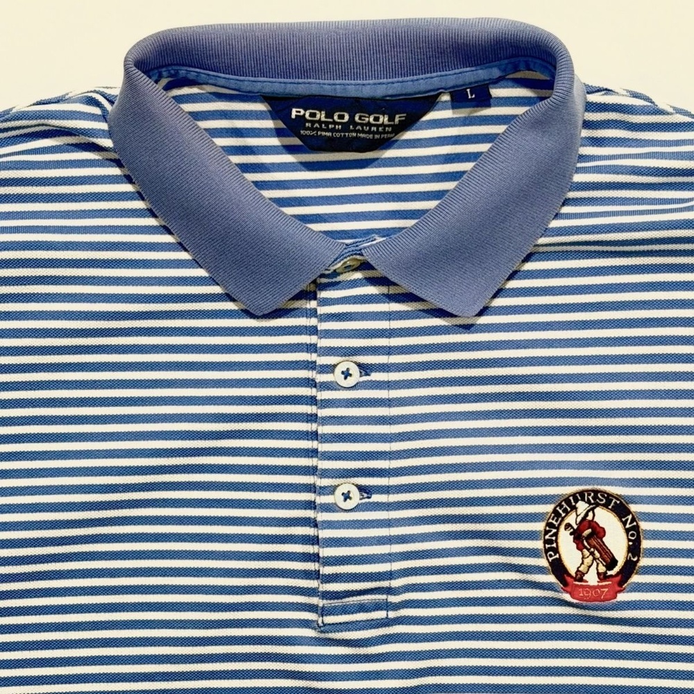 Polo Golf Ralph Lauren Blue Striped Shirt Performance Pinehurst US Open Men's L
